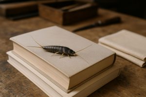 Silverfisk som äter på gammal boksida i en mörk, dammig källare.